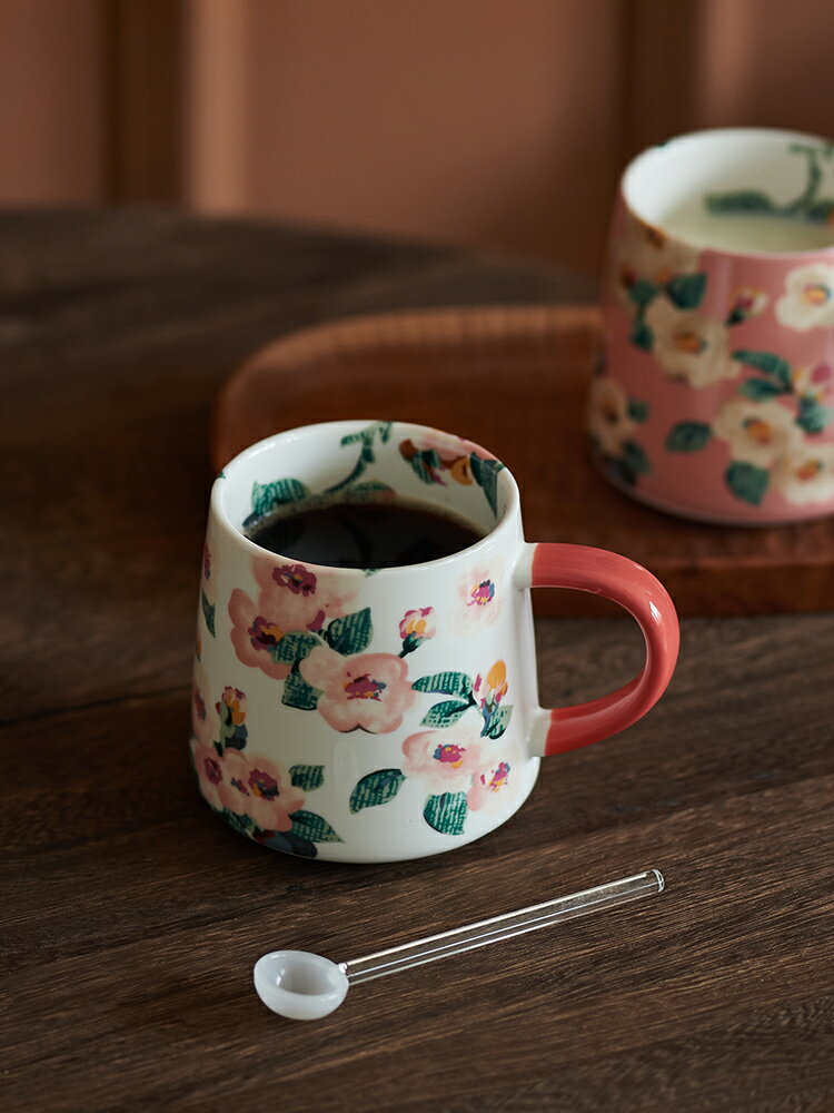 陶瓷花朵馬克杯 杯子ins風 復古咖啡小眾杯高顏值設計感美式