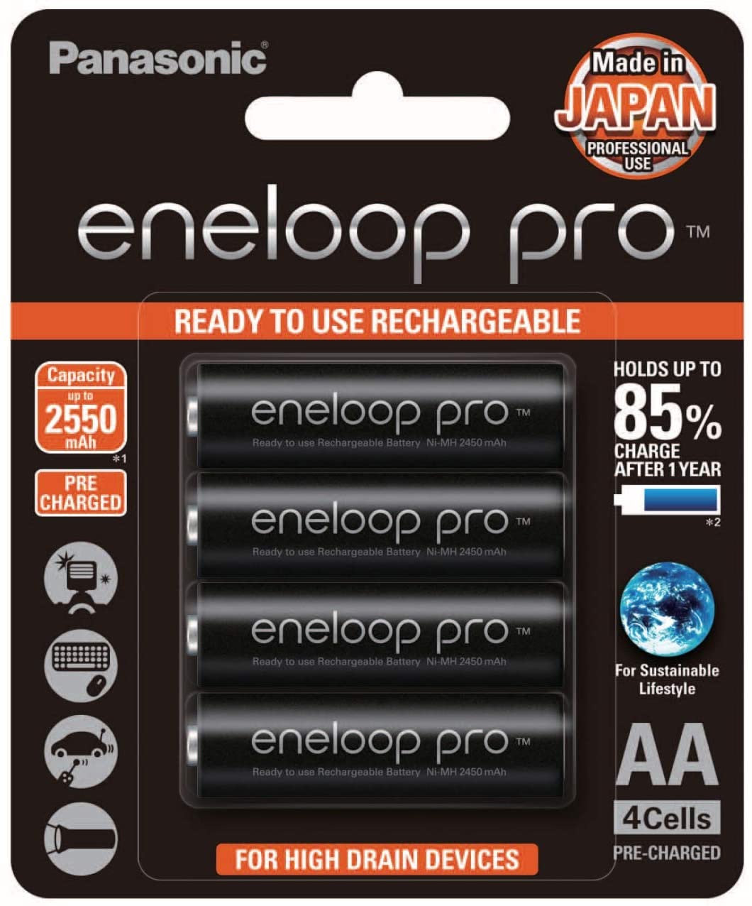 日本製 Panasonic 國際牌 eneloop pro 3號AA (大顆) 2550mAh低自放電池 4入裝送電池盒
