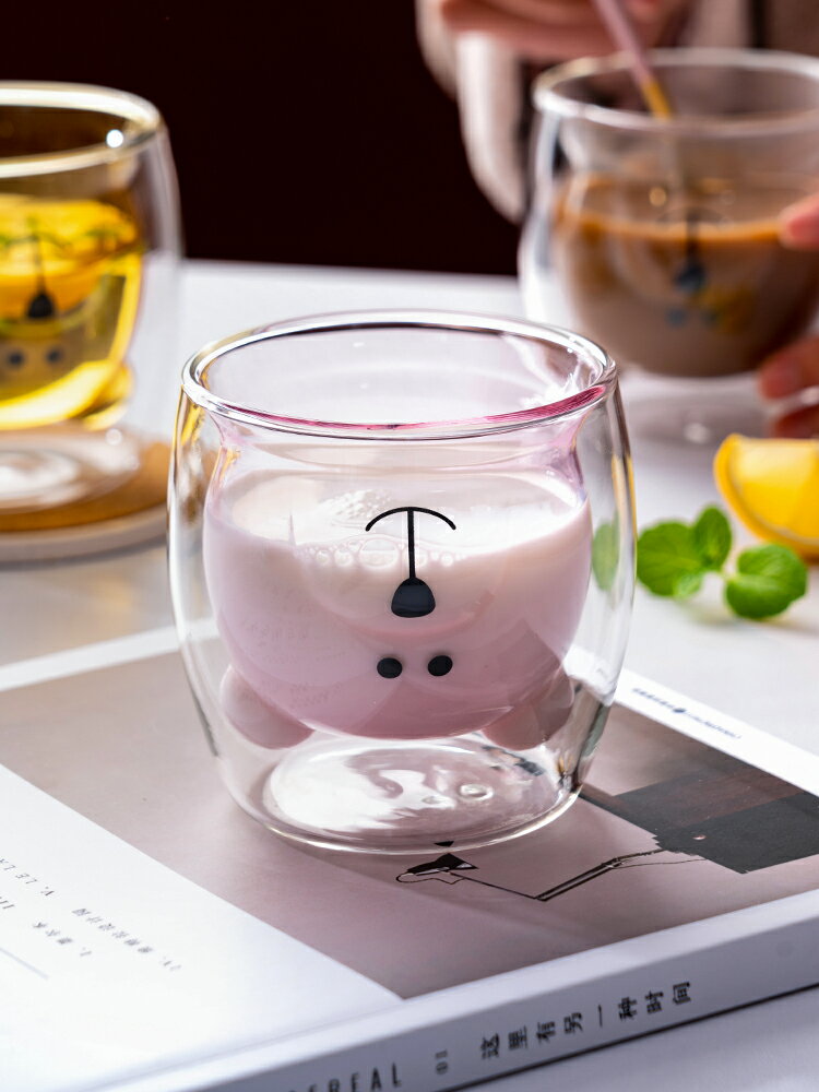 家用可愛小熊杯水杯 雙層玻璃隔熱防燙耐熱牛奶杯玻璃杯 透明杯子