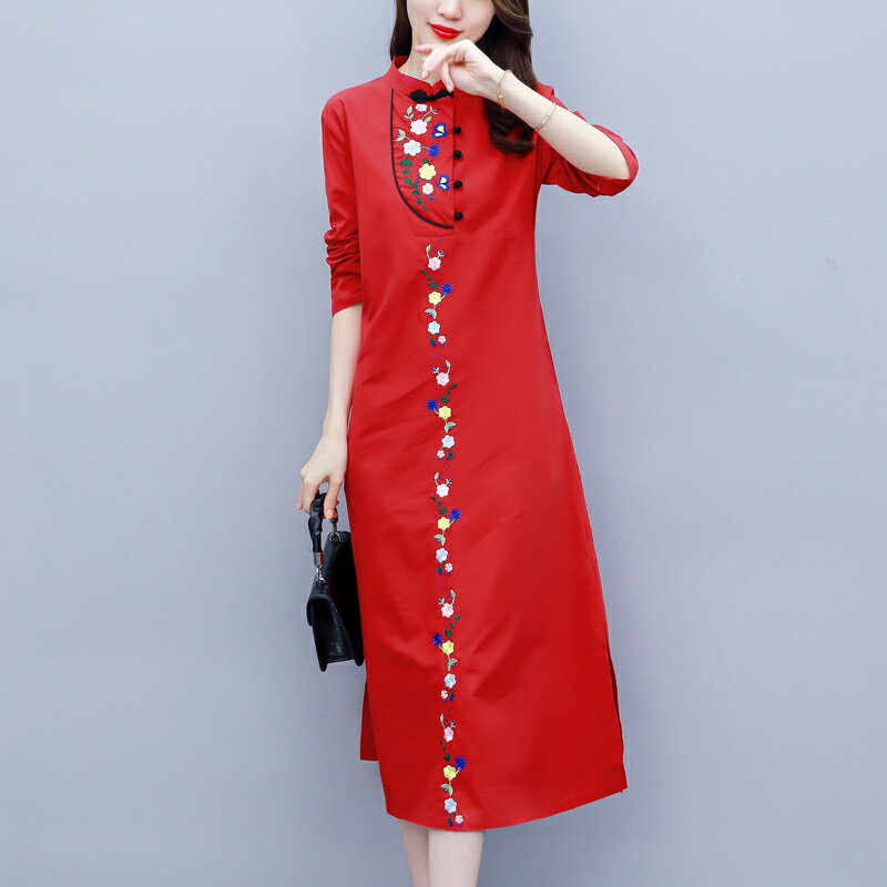 春季新款中國風女裝復古刺繡大碼棉麻長袖改良旗袍連衣裙顯瘦