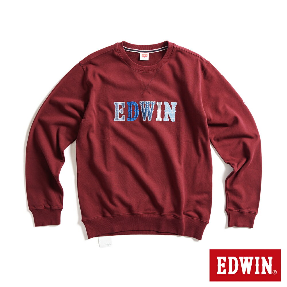 EDWIN CORE再生系列 環保丹寧拼接LOGO休閒厚長袖T恤-男款 朱紅色