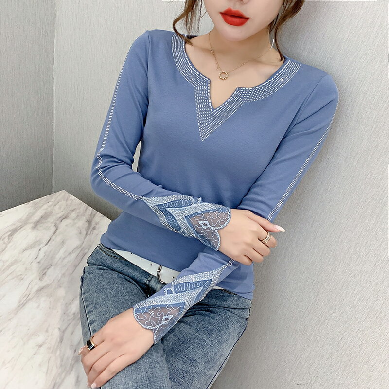 上衣服春秋新款流行韓版修身重工燙鉆蕾絲拼接長袖T恤女ins潮