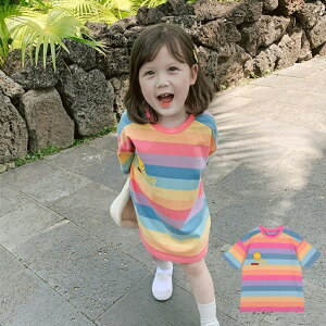 Baby童衣 女童短袖上衣 女寶寶彩虹笑臉長版上衣 寬鬆圓領夏季短T 11662