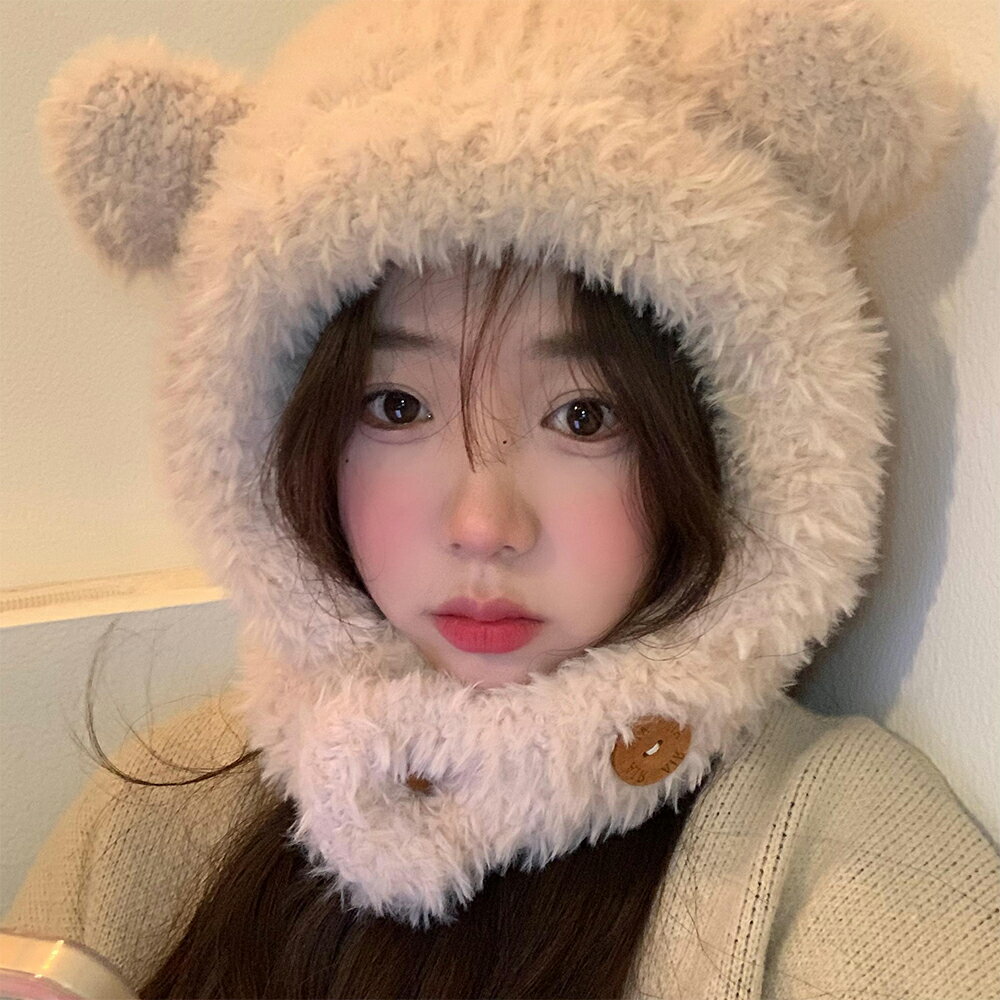 毛絨小熊耳朵巴拉克拉法帽女秋冬季保暖護耳帽子圍脖一體毛線帽子 雙11全館免運