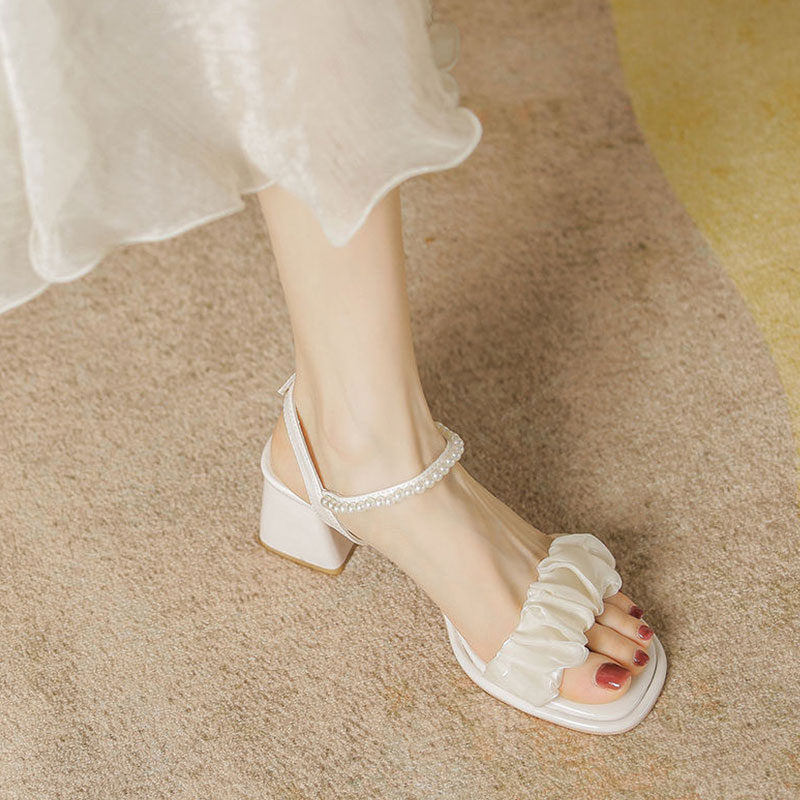 今年新款涼鞋夏季時裝仙女風氣質蝴蝶結一字帶粗跟高跟鞋女