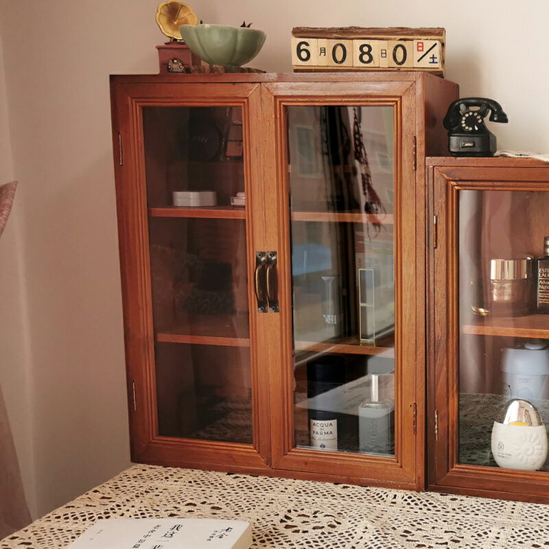杯子置物柜桌面化妝品展示架子日式實木質復古收納盒護膚品做舊