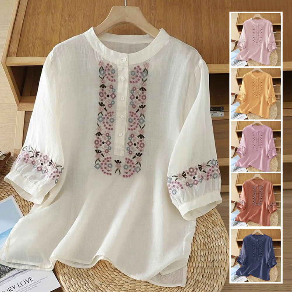 ＊ORead＊純色棉麻刺繡立領五分袖上衣(6色M~3XL)