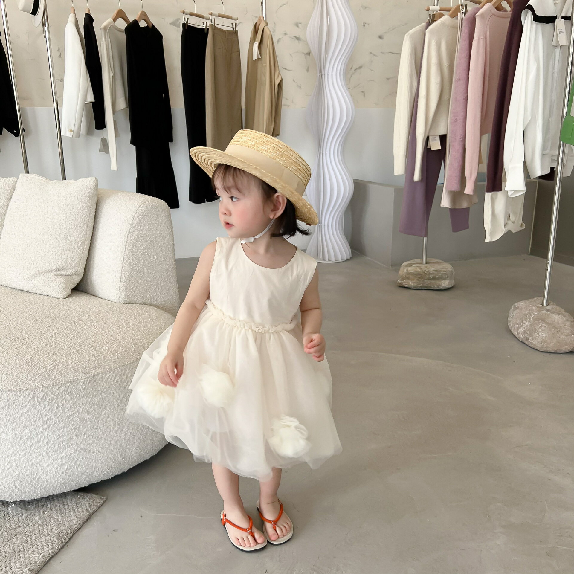 韓版女童夏裝連衣裙2022新款氣質網紗球球公主裙寶寶周歲禮服夏季