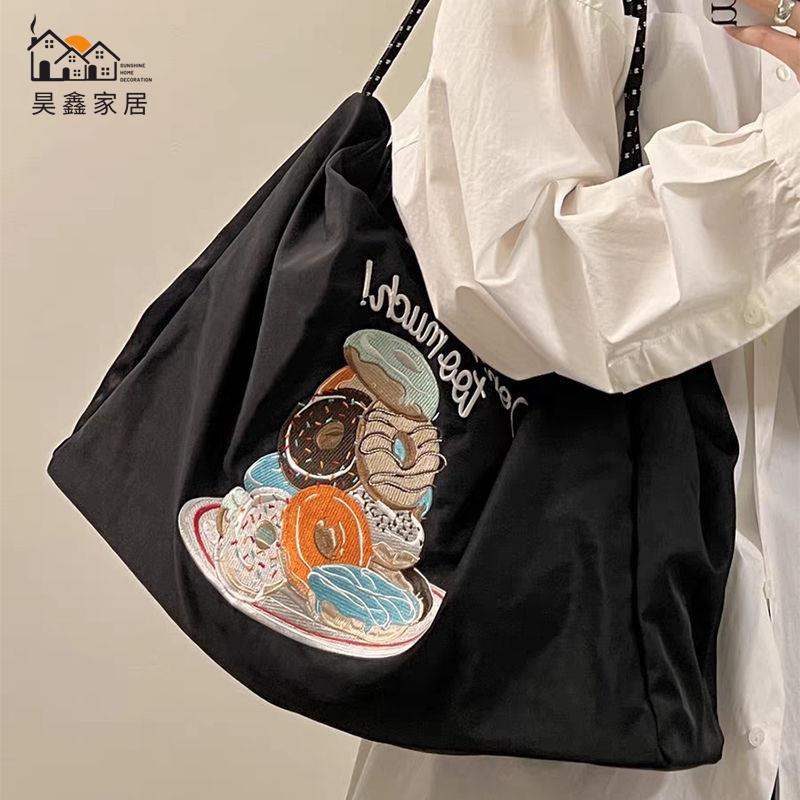 免運 附發票 購物袋 購物包 自制日系小眾包包女甜甜圈刺繡環保袋購物袋布袋ball chain斜挎包