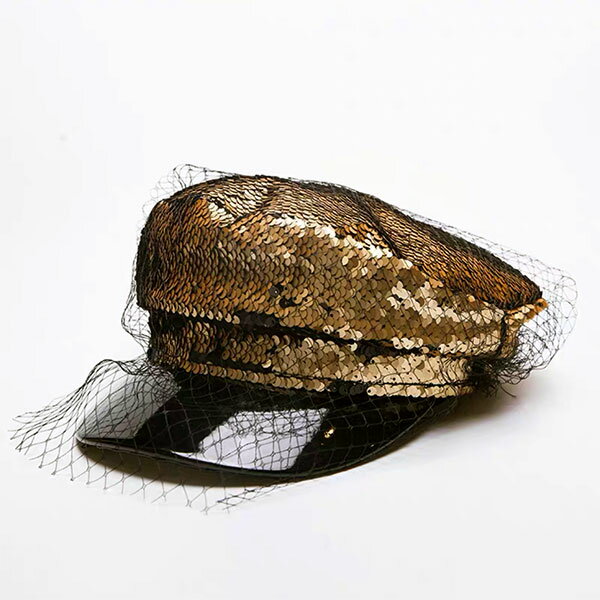 ANNAS 亮片網紗軍帽報童帽海軍帽帽子 浮誇尾牙過年新年聖誕節跨年閃亮金屬金色PU亮皮韓國 3