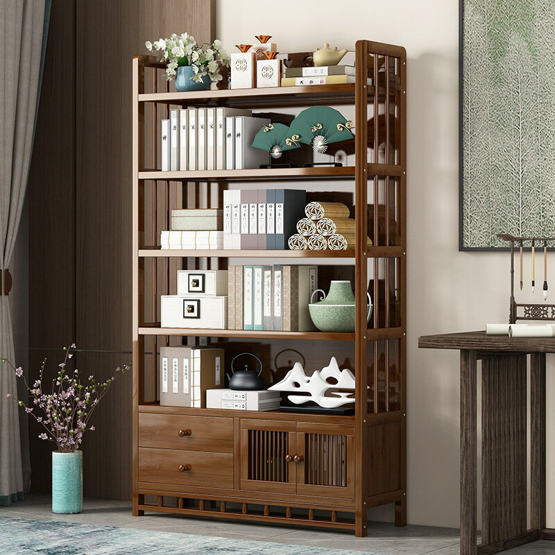 書架置物架落地隔斷家用簡易客廳書本收納架多層靠墻實木帶抽書櫃