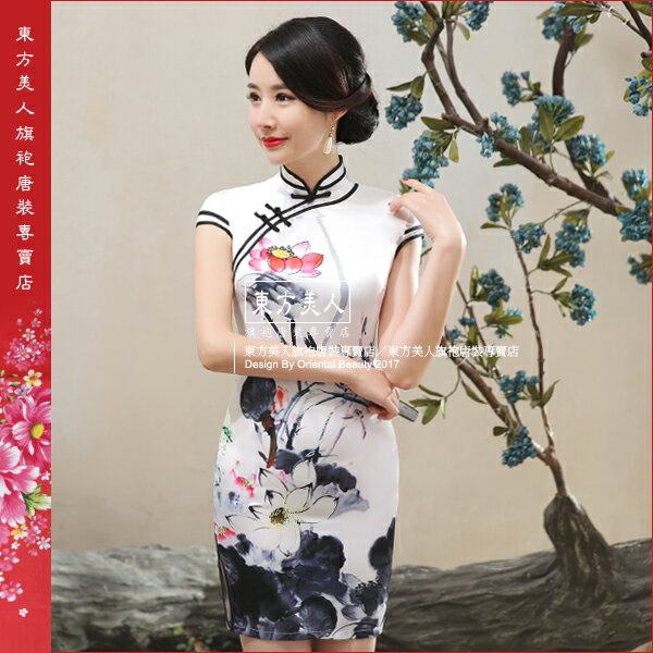 東方美人旗袍唐裝專賣店　LGD99。仿絲軟緞時尚印花半月包袖短旗袍