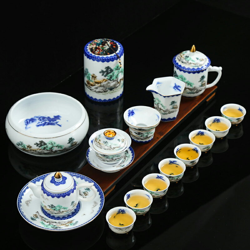 山水小景整套功夫茶具 家用陶瓷蓋碗茶杯泡茶壺簡約干泡盤