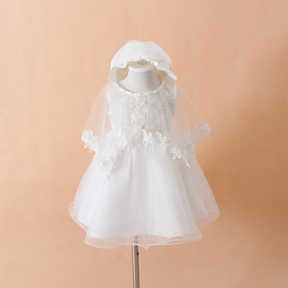 ✤宜家✤時尚可愛寶寶紗裙禮服洋裝 寶寶周歲小婚紗滿月小禮服(裙子，披肩，帽子三件套)