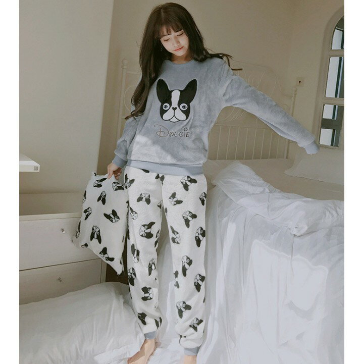 可愛法鬥 法蘭絨居家服 保暖睡衣 珊瑚絨睡衣 睡衣套裝 水貂絨睡衣 櫻桃嚴選 保暖居家服 居家服 睡衣 3