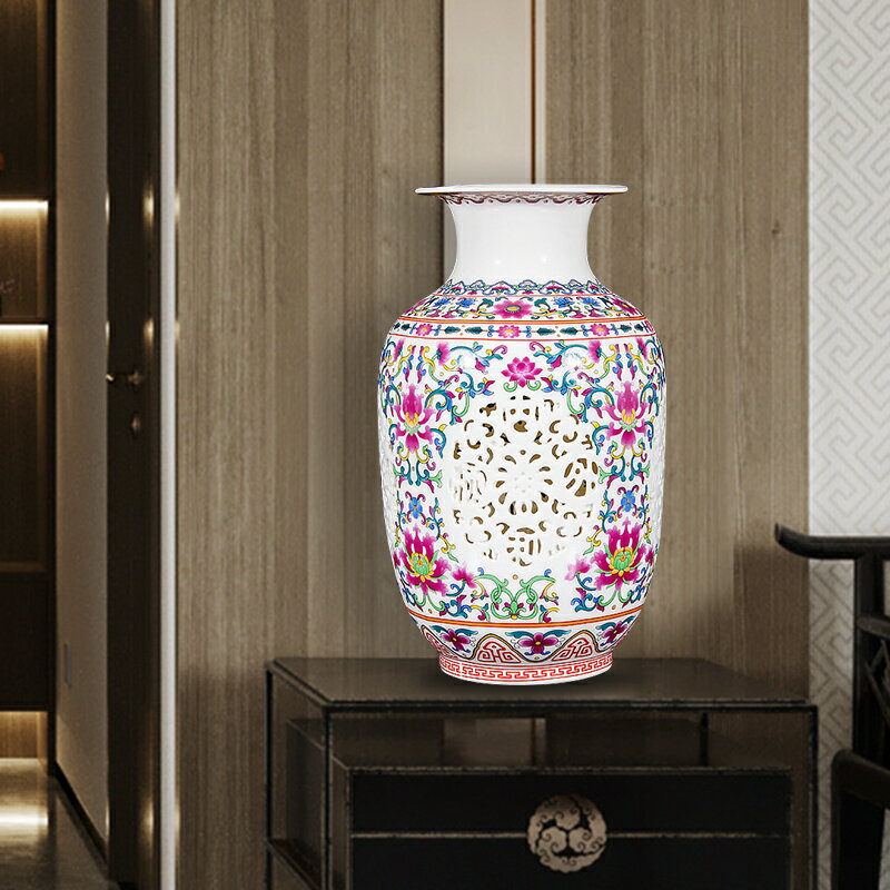 景德鎮陶瓷器鏤空薄胎粉彩臺面花瓶現代中式家居裝飾客廳創意擺件