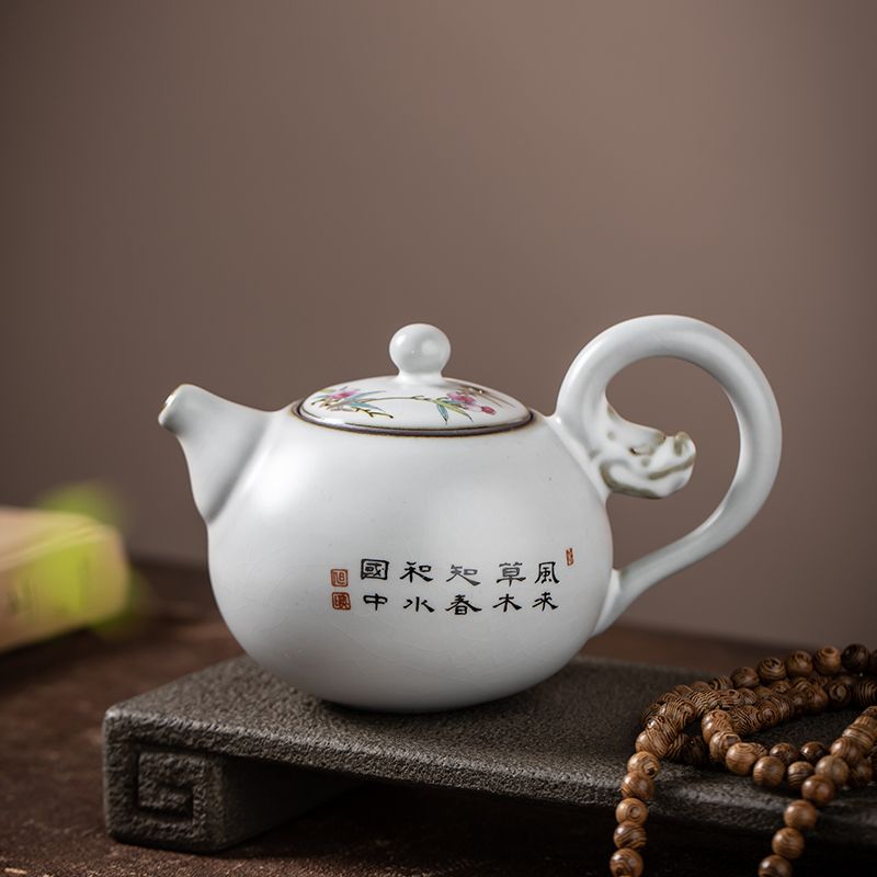 工廠直銷 免運 茶壺 紫砂壺 月白汝窯創意手工扒花龍珠壺泡茶壺汝窯茶壺單人家用手把壺特惠/可開發票Z1017 4