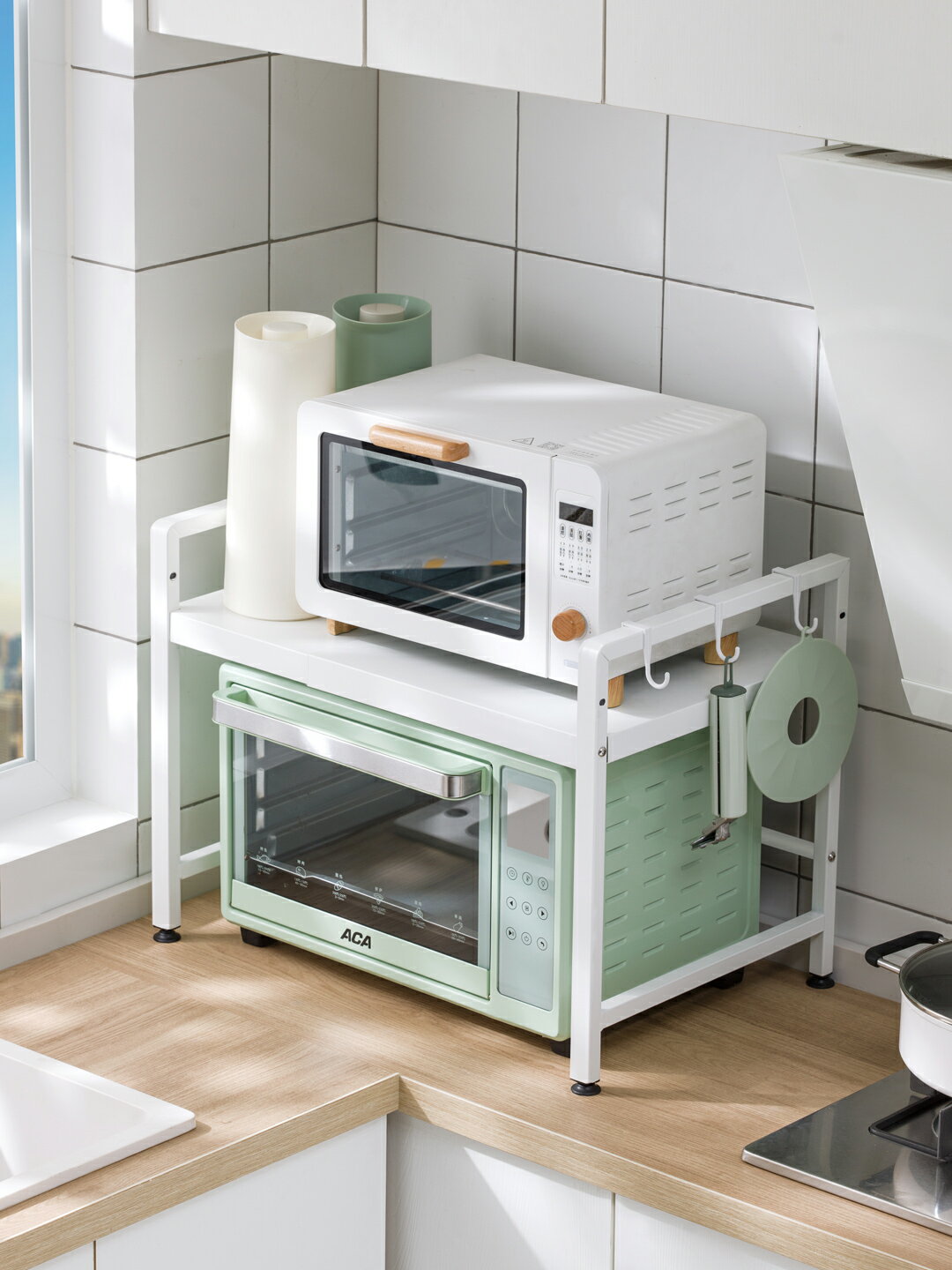 微波爐置物架 廚房置物架微波爐烤箱架子雙層可伸縮臺面不銹鋼收納支架【KL3487】