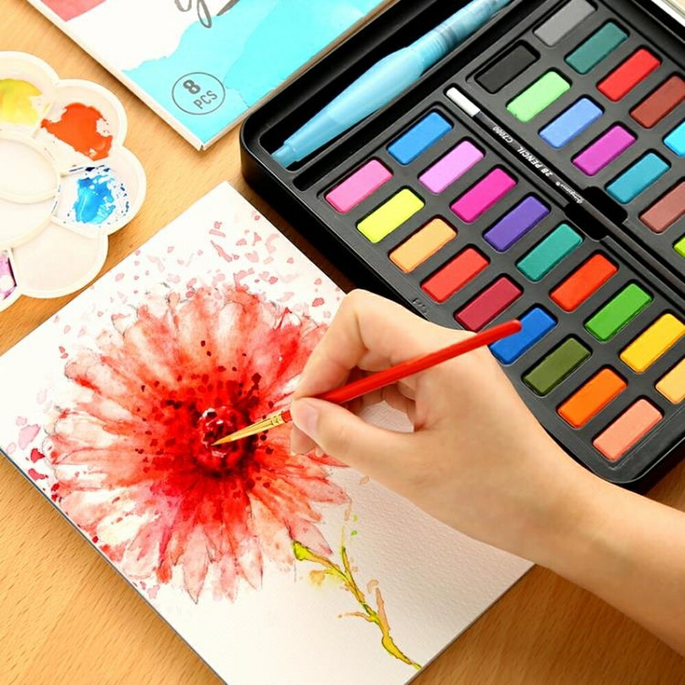 油畫顏料 內水彩顏料套裝24色36色水彩畫學生手繪便攜畫筆套裝固體水粉餅鐵盒分