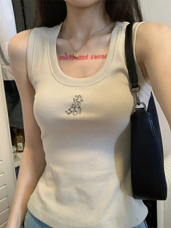 吊帶女獨特小U領字母刺繡美式復古純欲設計感時尚百搭外穿背心上衣【聚寶屋】