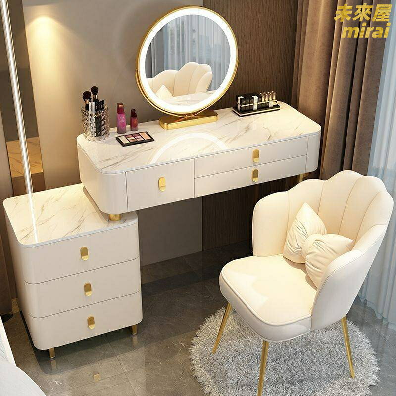 【巖板實木一體】梳妝檯 化妝桌 臥室梳妝檯 現代簡約梳妝檯 輕奢化妝桌 小戶型梳妝檯 多功能收納櫃 帶LED燈鏡 臥室傢俱