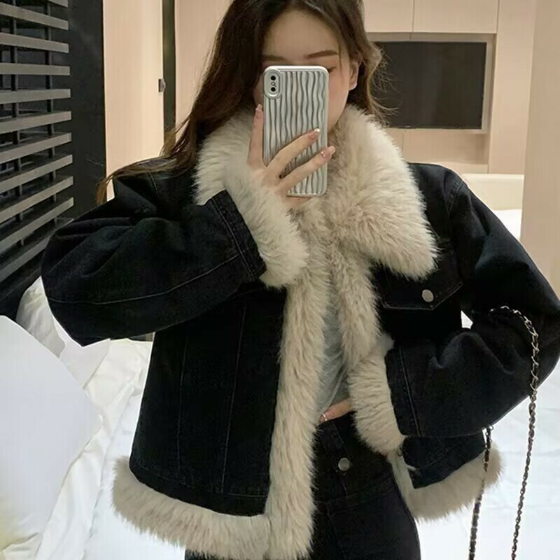 FUXI 黑色牛仔外套女 加絨加厚仿狐貍毛拼接牛仔外套 內刷毛外套 毛絨外套 毛毛外套 短版長袖外套 女裝 衣服