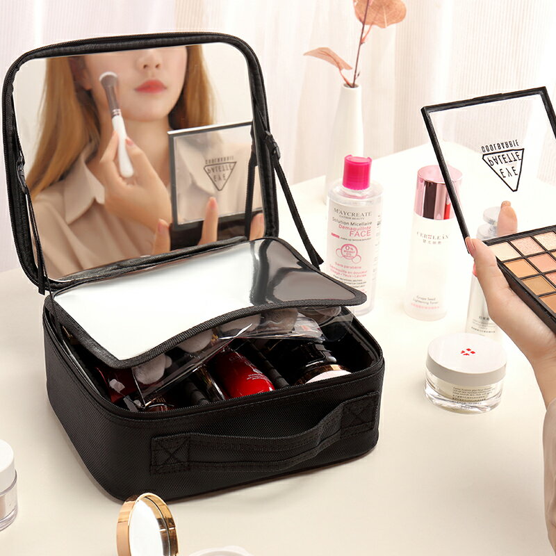 新款帶鏡子化妝包女ins風便攜女化妝箱手提大容量化妝品收納包盒