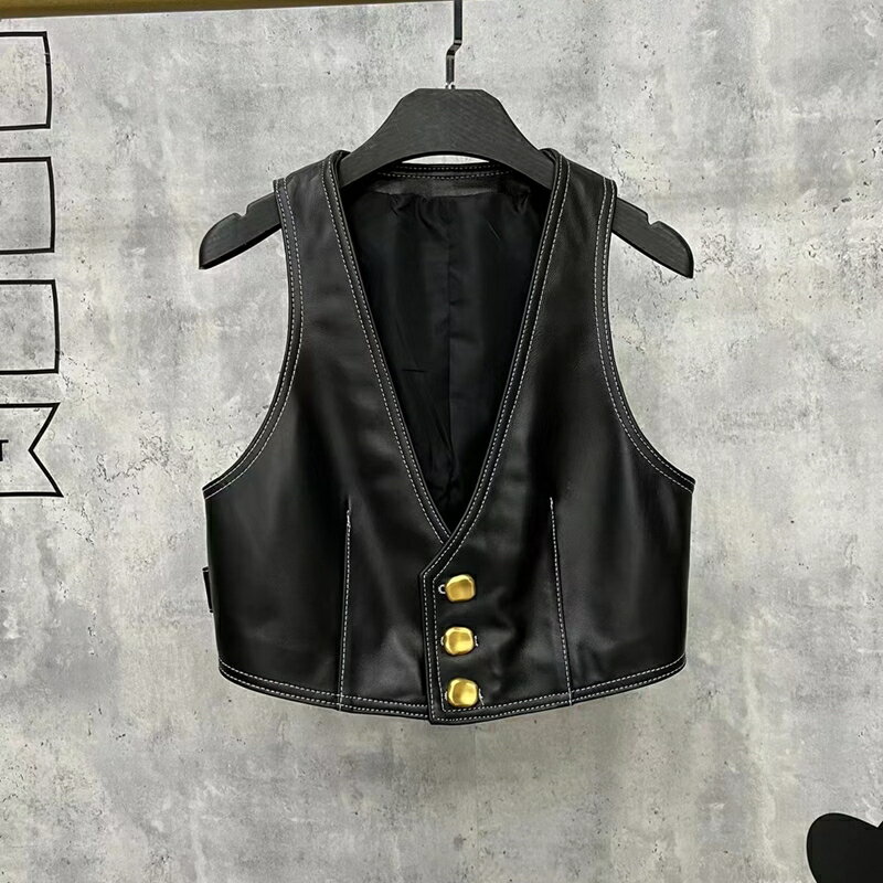 【巴黎精品】皮衣背心真皮夾克-羊皮復古三粒扣時尚馬甲女外套黑色a1iw8