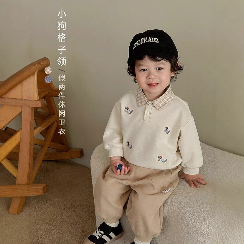 兒童上衣春秋季男童洋氣卡通內搭衣女寶寶假兩件上衣韓版套頭T衫