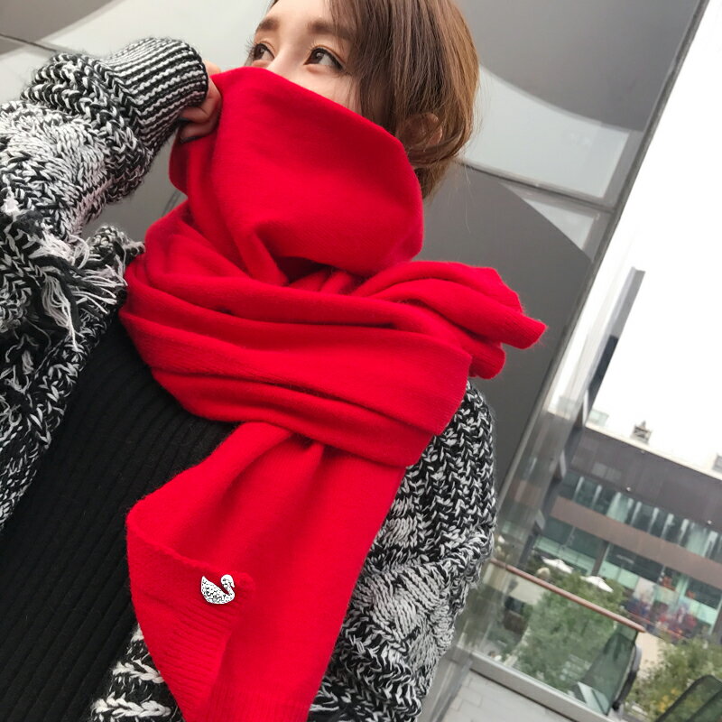 中國紅紅色毛線秋冬韓版加厚保暖針織圍巾女冬季百搭時尚韓版大紅1入