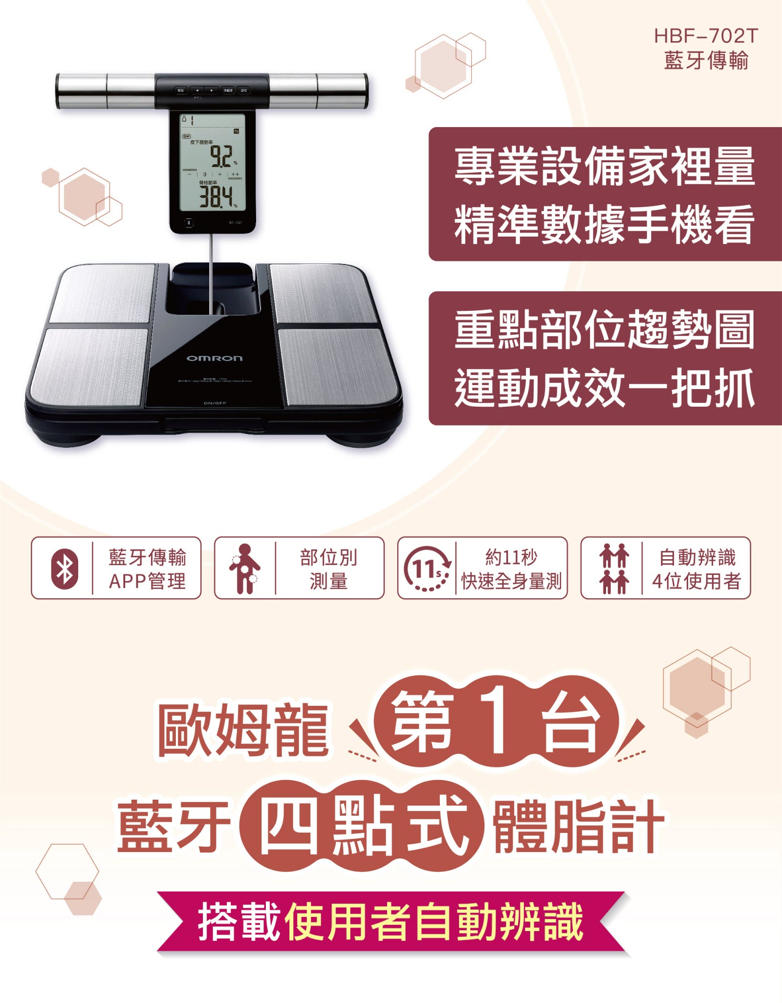 OMRON 歐姆龍 HBF-702T 藍牙四點式體組成計 (黑) 雙手雙腳手握式 體脂計 藍芽傳輸 台灣公司貨 1