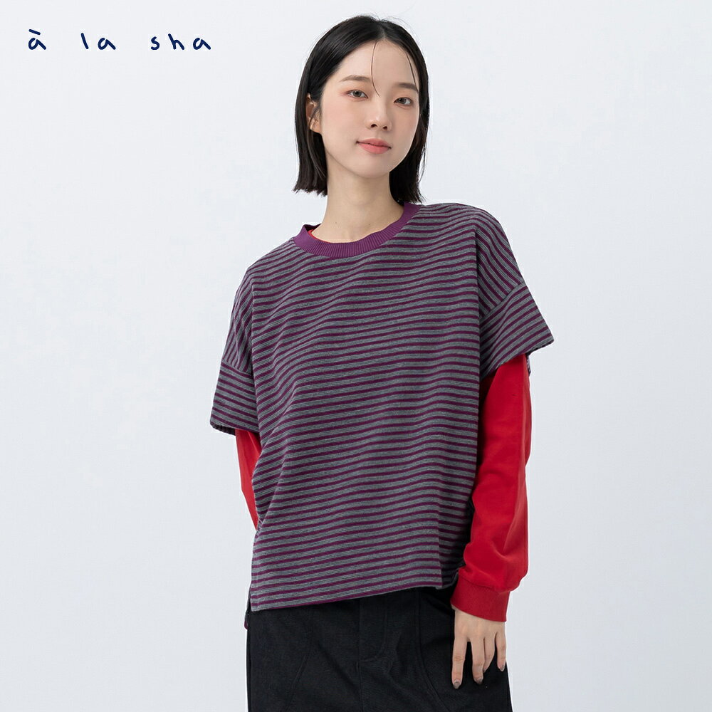 a la sha 條紋拼接連袖短T