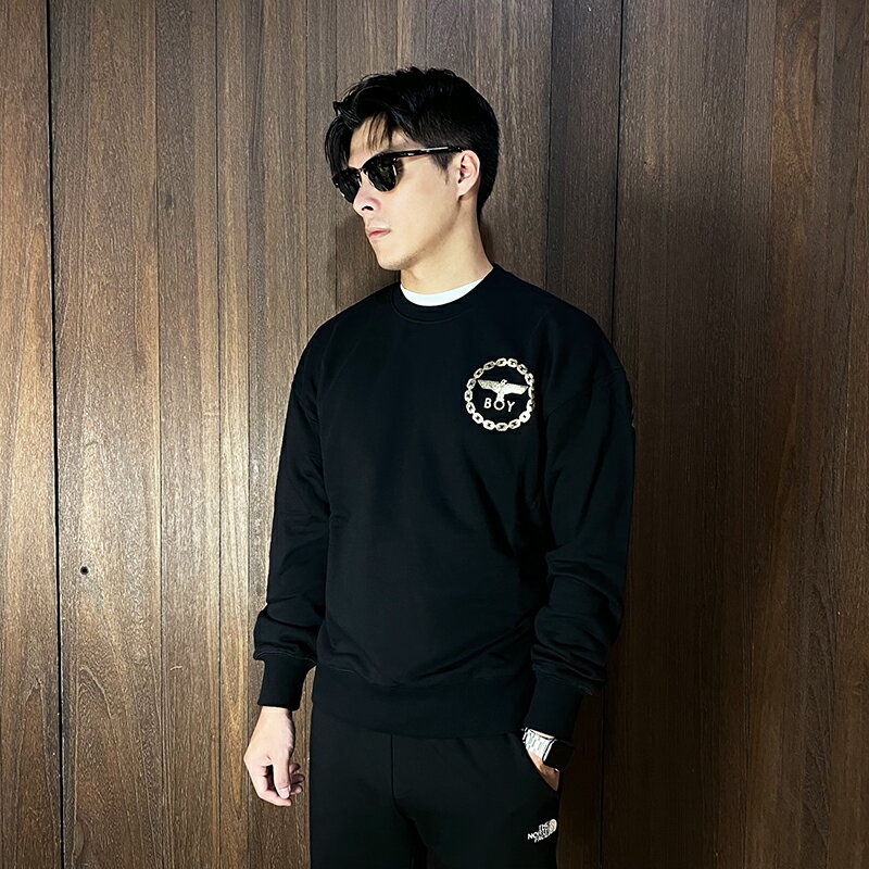 美國百分百【全新真品】Boy London 大學T 棉質 刷毛 男款 BOY 長袖上衣 大LOGO 黑金 CU03