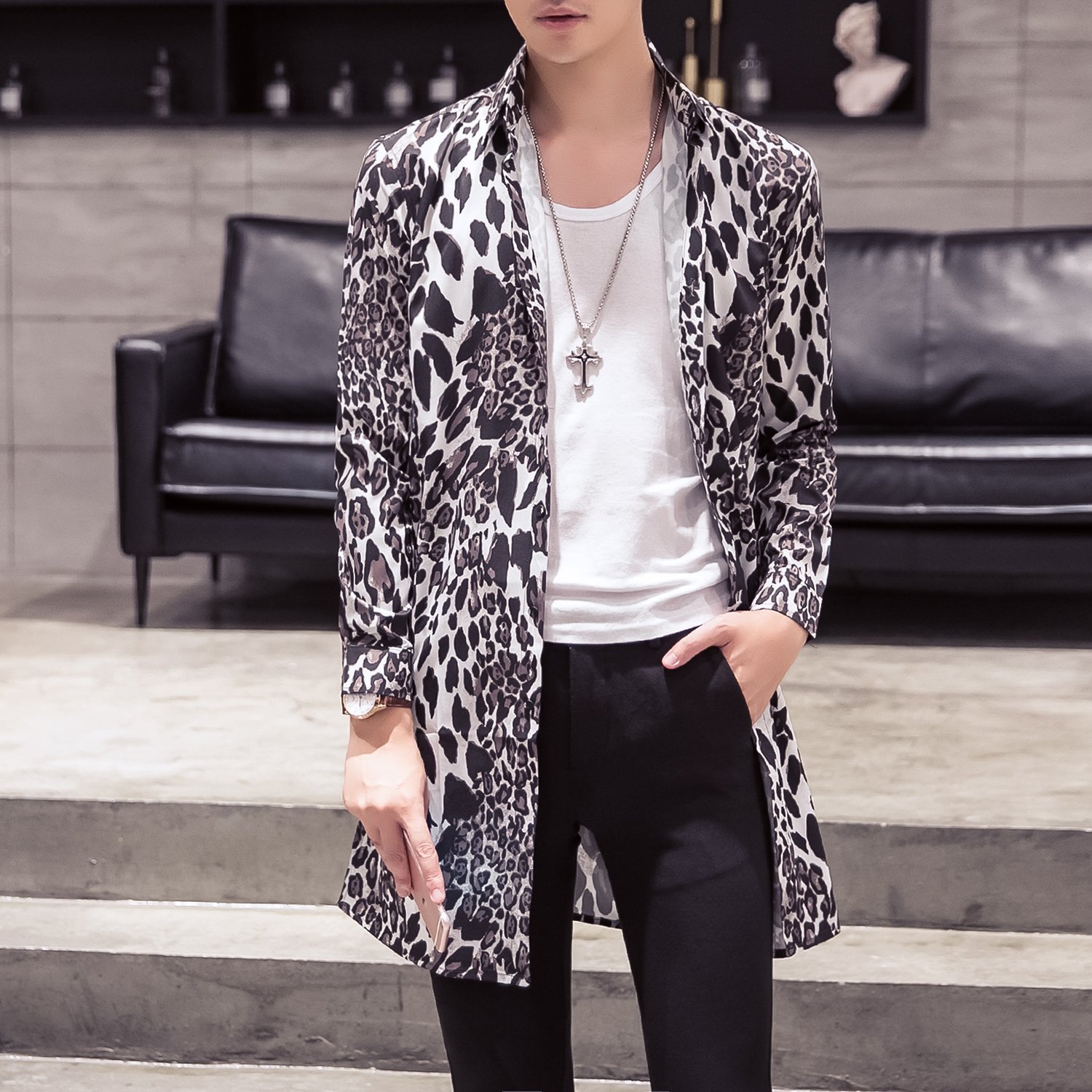 FINDSENSE品牌 秋季 新款 日本 男 高端 豹紋印花 個性襯衣 時尚中長款長袖襯衫 潮流上衣
