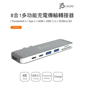 j5create 8合1多功能充電傳輸轉接器 JCD382 HDMI 擴充 集線器 4K