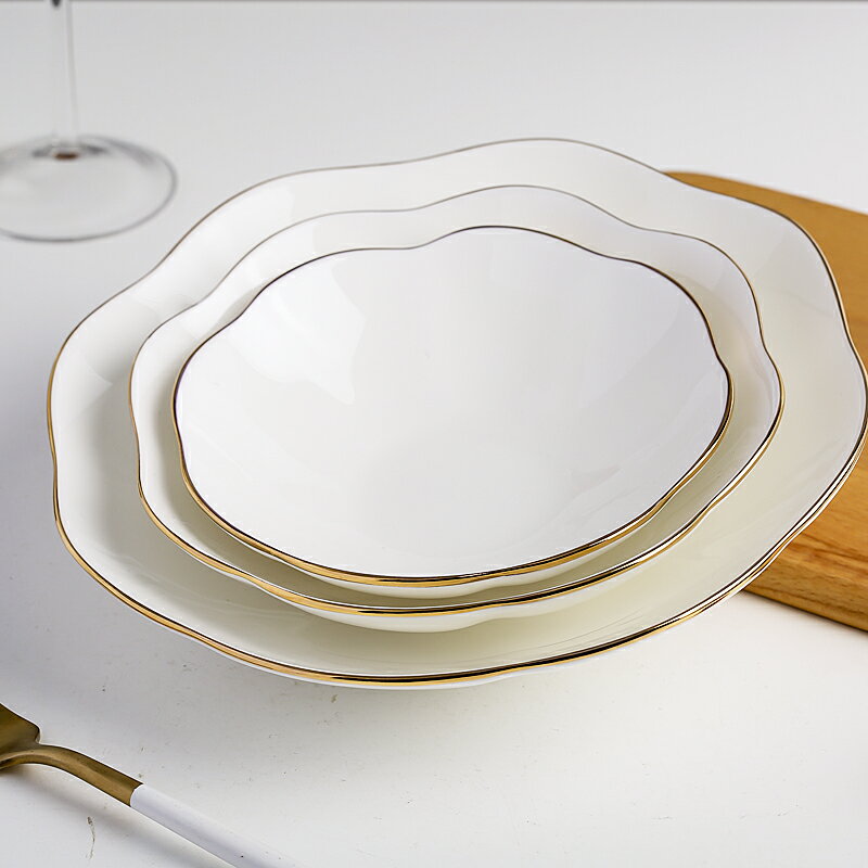 個性創意ins家用金邊花邊網紅盤子骨瓷餐具異形深盤陶瓷菜盤碟子