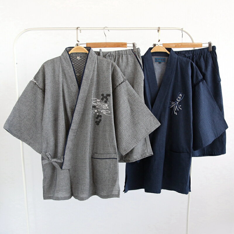 日式和服 日系高檔品和風刺繡男士和服全棉甚平日式短袖短褲加大家居服套裝【HZ66833】