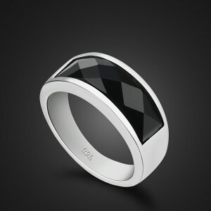 簡約個性S925純銀情侶戒指鑲嵌黑瑪瑙戒子復古潮女男銀飾指環禮物