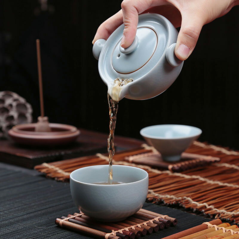 汝窯快客杯一壺一杯功夫茶具旅行辦公簡易茶杯開片可養陶瓷杯套裝