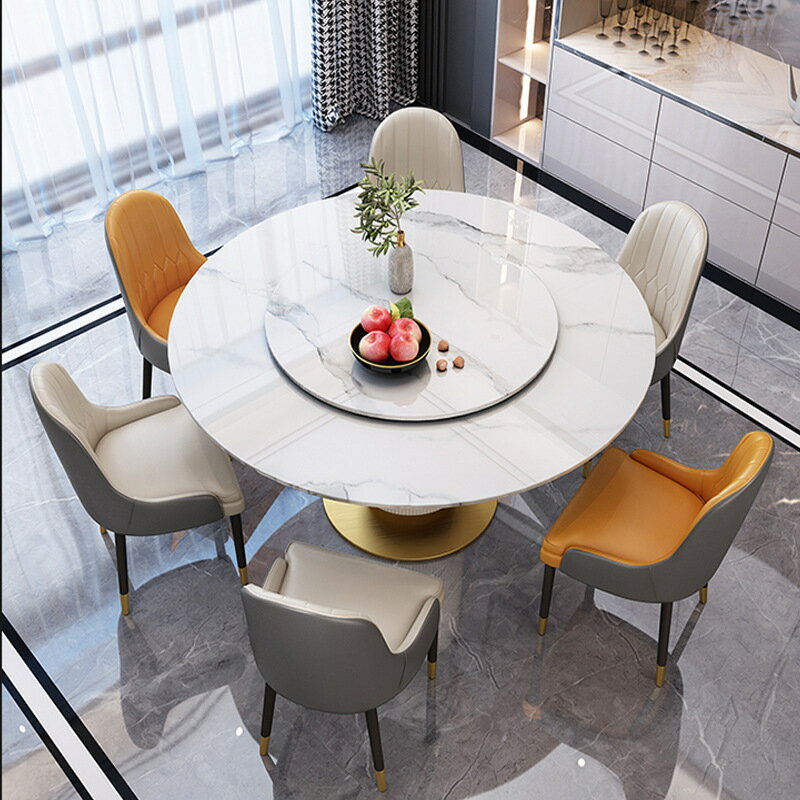 北歐輕奢巖板餐桌椅組合高端亮光圓桌家用小戶型帶轉盤6人飯桌子