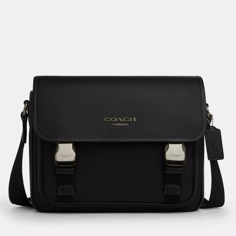 COACH 素面郵差包 翻蓋斜背包 平滑牛皮 單肩包 側背包 書包 CU110 黑色(現貨)▶指定Outlet商品5折起☆現貨【送禮首選★APP下單點數4倍送】