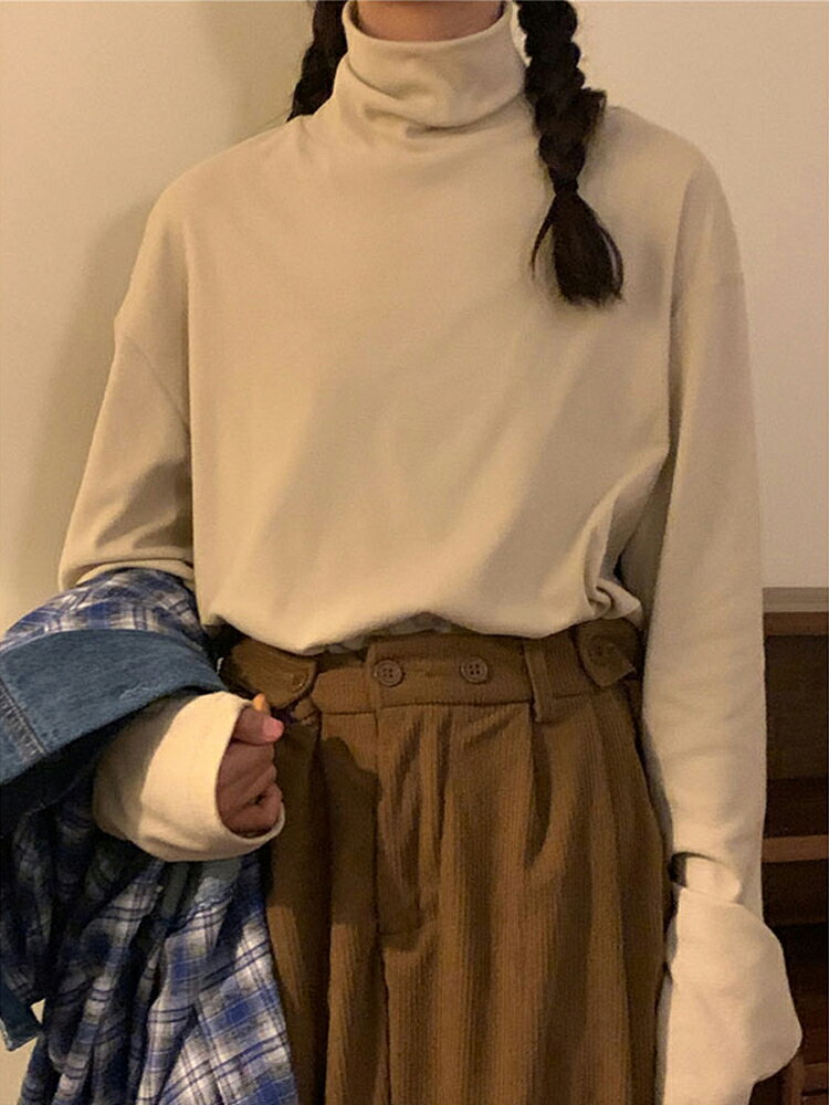 德絨半高領打底衫女秋冬大衣內搭加絨加厚設計感修身純欲長袖上衣