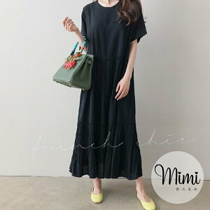 【 Mimistyle】日系短袖洋裝圓領氣質雪紡寬鬆壓褶 (台灣現貨)