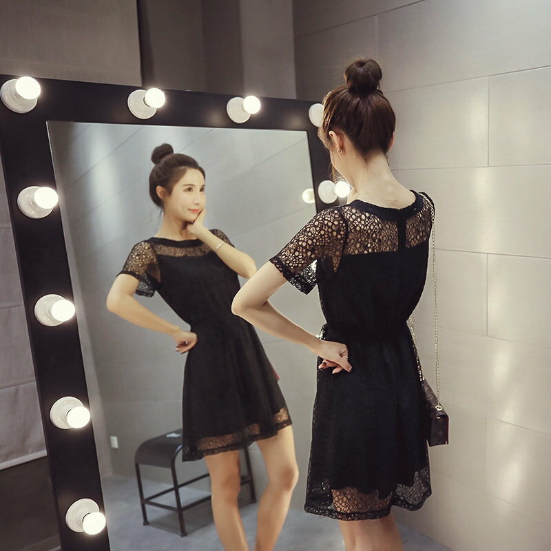 FINDSENSE G5 韓國時尚 氣質 顯瘦 透視 網格 純色 短袖 連身裙
