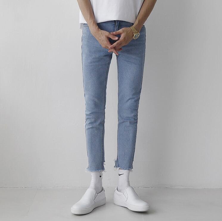 FINDSENSE Z1 韓國 時尚 潮 男 基本款 淺藍色 簡約款 後跟破洞 小腳褲 九分褲 牛仔褲