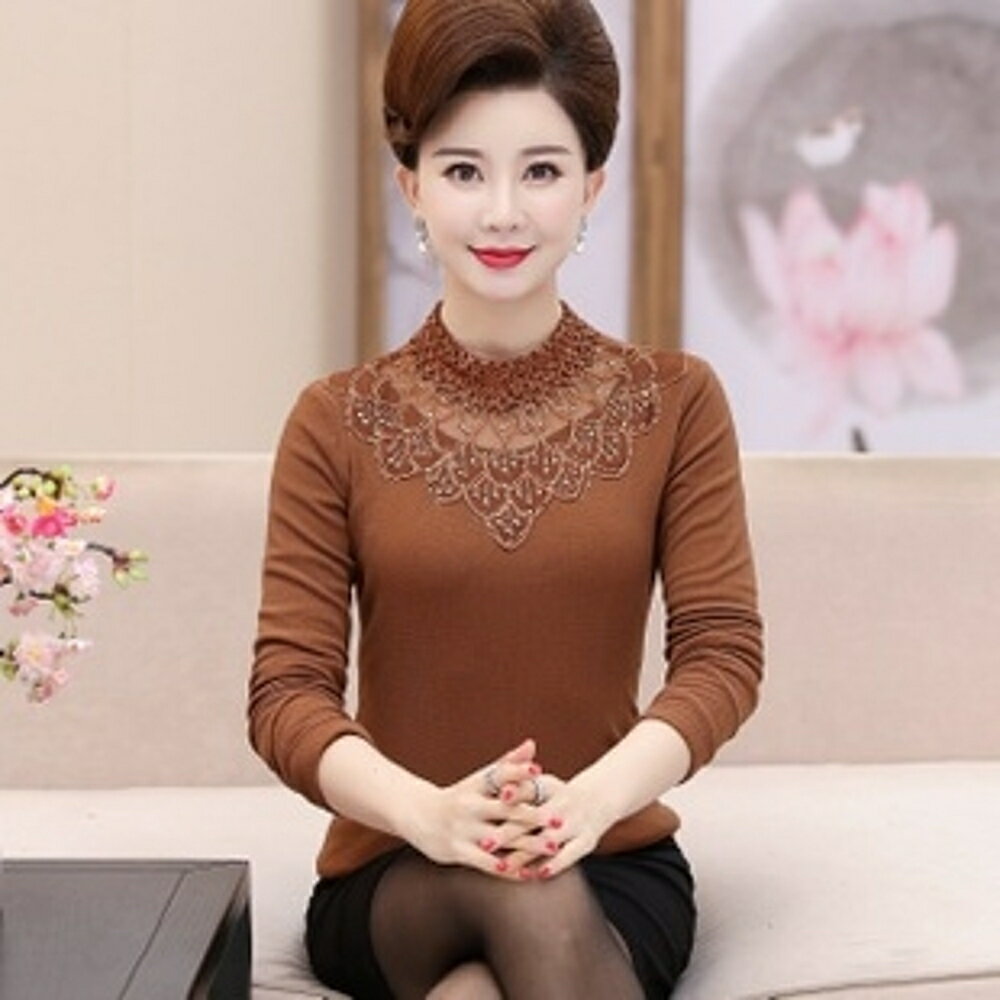 媽媽打底衫 媽媽裝長袖加絨T恤中年婦女蕾絲短款保暖上衣加厚打底衫 瑪麗蘇 瑪麗蘇