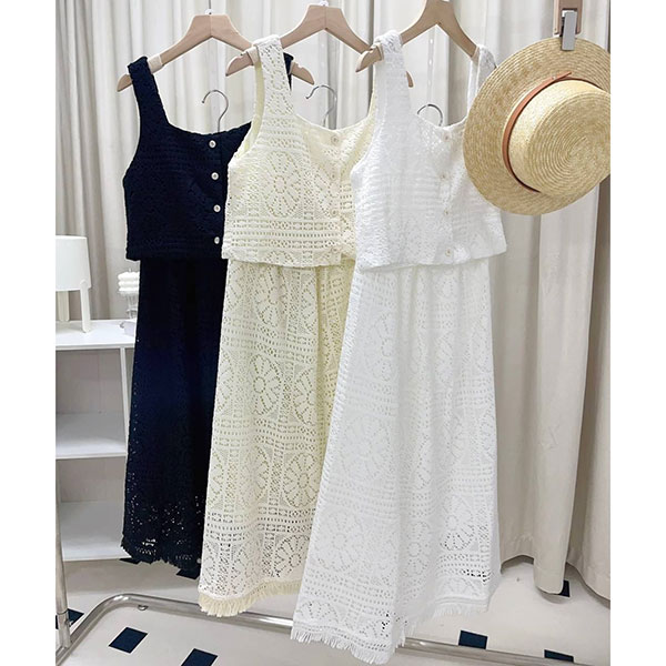 ANNAS 正韓 特價 單品實拍 重工蕾絲流蘇套裝 無袖長洋裝 蕾花 法式浪漫氣質婚禮穿搭 性感度假海島穿搭 韓國 4