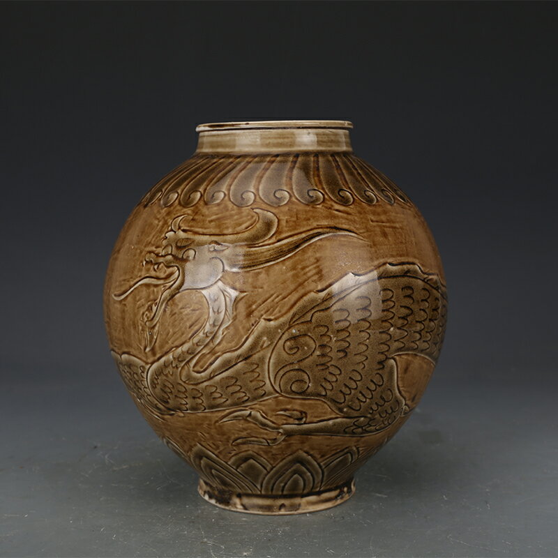 宋磁州窯醬色釉瑞獸紋蓋罐 仿古瓷器古董古玩老貨收藏真品