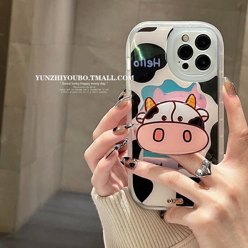 卡通奶牛老虎支架適用iphone12pro max蘋果11手機殼iphone13軟矽膠xsmax創意x/xr日韓8plus女款全包防摔套
