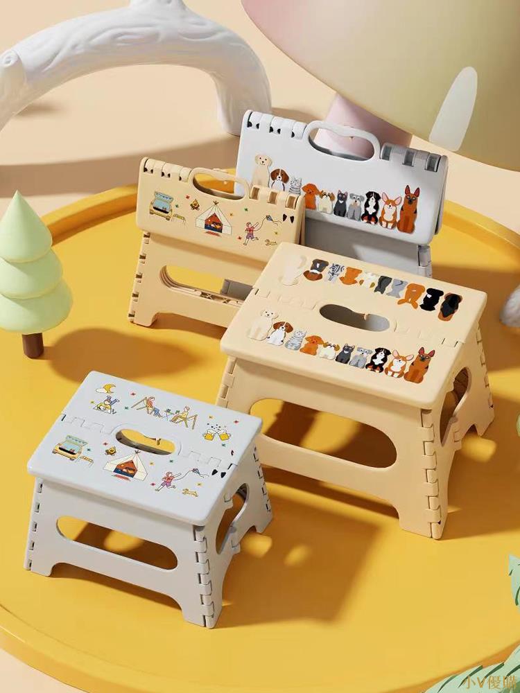 小V優購兒童矮凳加厚塑料折疊便攜式板凳家用寶寶卡通小凳子戶外椅子